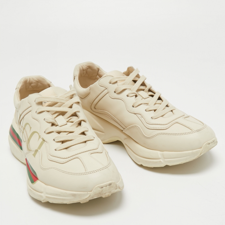 Pre Owned Gucci Cream Leather Rhyton Lace Up Sneakers Size 43 