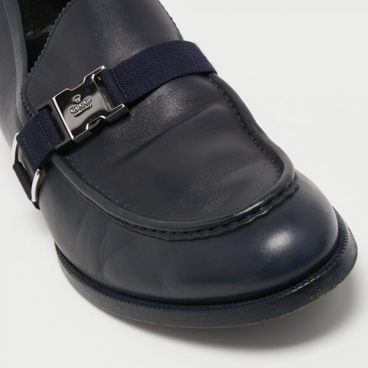 Pre Owned Gucci Navy Blue Leather Buckle Loafers Size 44.5