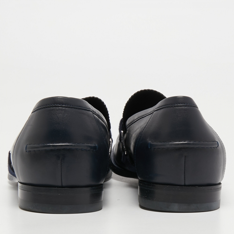 Pre Owned Gucci Navy Blue Leather Buckle Loafers Size 44.5