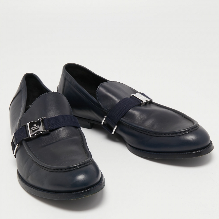 Pre Owned Gucci Navy Blue Leather Buckle Loafers Size 44.5