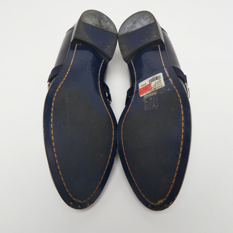 Pre Owned Gucci Navy Blue Leather Buckle Loafers Size 44.5