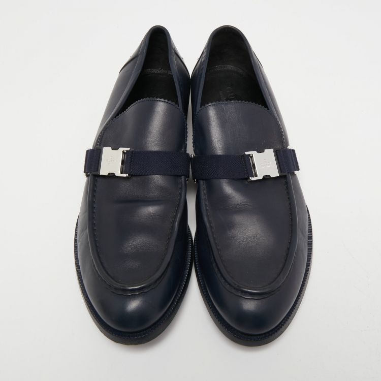 Pre Owned Gucci Navy Blue Leather Buckle Loafers Size 44.5