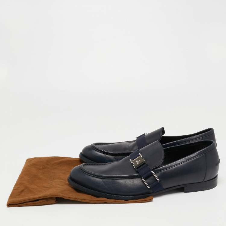 Pre Owned Gucci Navy Blue Leather Buckle Loafers Size 44.5