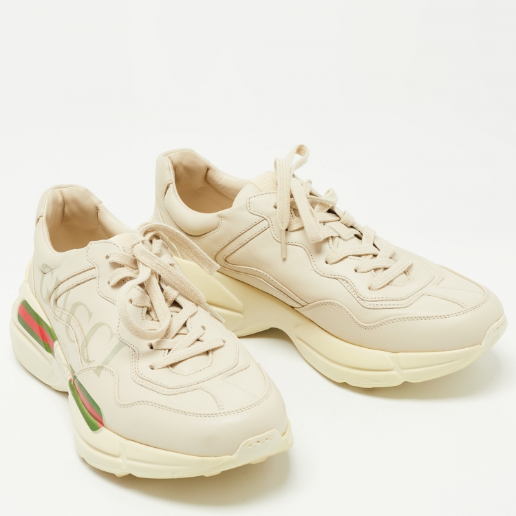 Pre Owned Gucci Cream Leather Rhyton Lace Up Sneakers Size 42