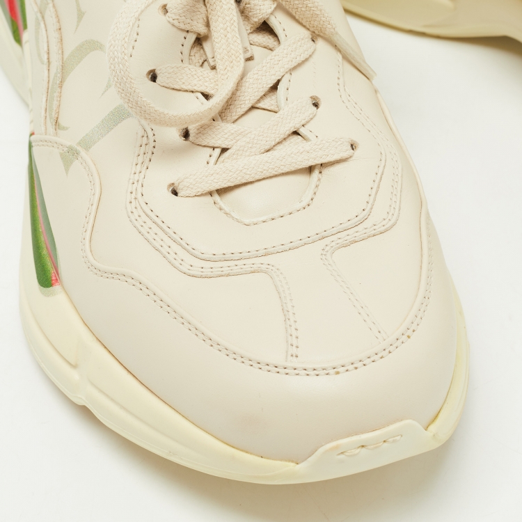 Pre Owned Gucci Cream Leather Rhyton Lace Up Sneakers Size 42