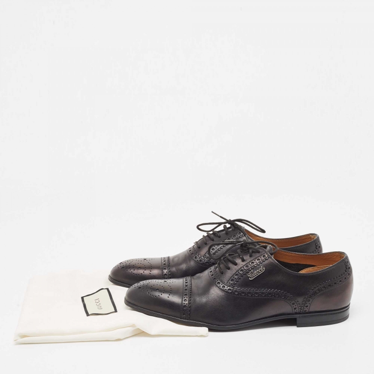 Pre Owned Gucci Black Brogue Leather Lace Up Oxfords Size 40.5