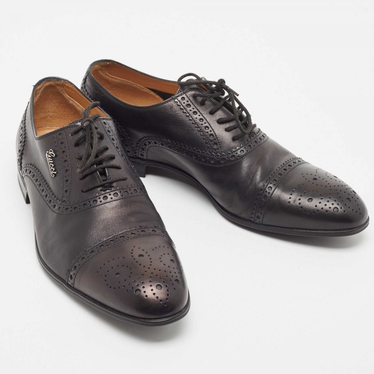 Pre Owned Gucci Black Brogue Leather Lace Up Oxfords Size 40.5