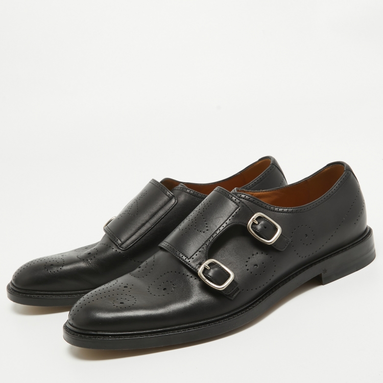 Pre Owned Gucci Black Leather Monk Strap Moccasins Oxfords Size 43
