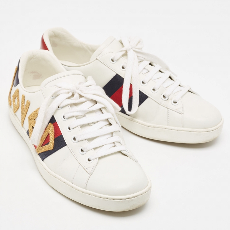 مملوكة مسبقًا Gucci White Leather Loved Embroidered Ace Sneakers Size 40