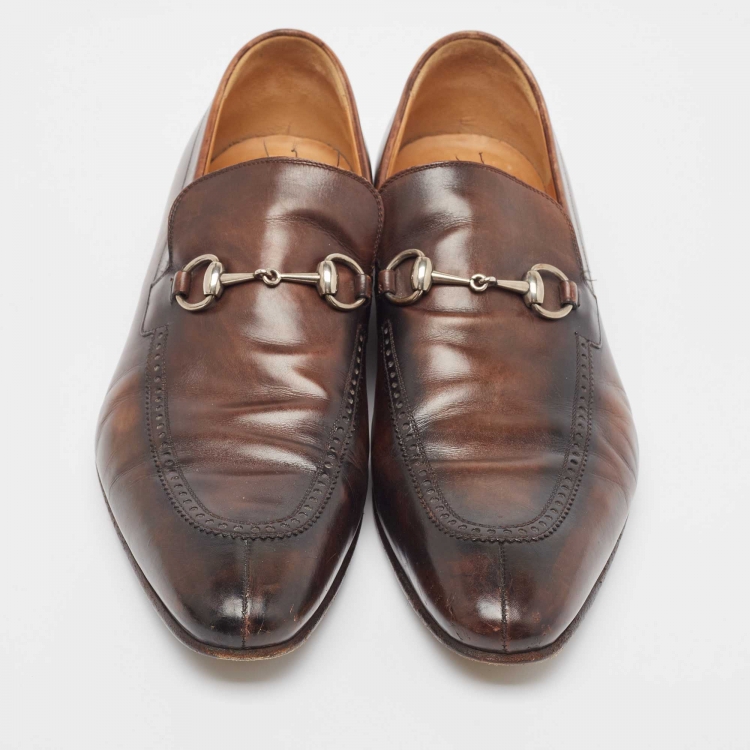 Pre Owned Gucci Brown Leather Horsebit Loafers Size 44.5