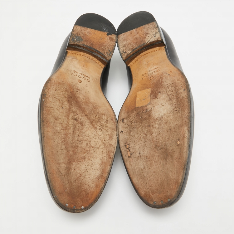 Pre Owned Gucci Black Leather Interlocking G Loafers Size 41