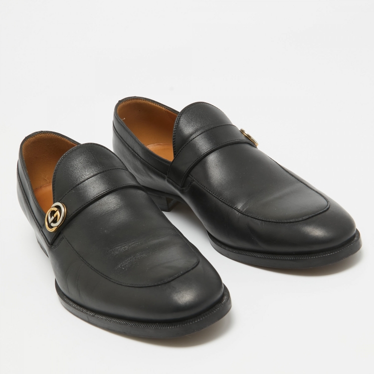 Pre Owned Gucci Black Leather Interlocking G Loafers Size 41