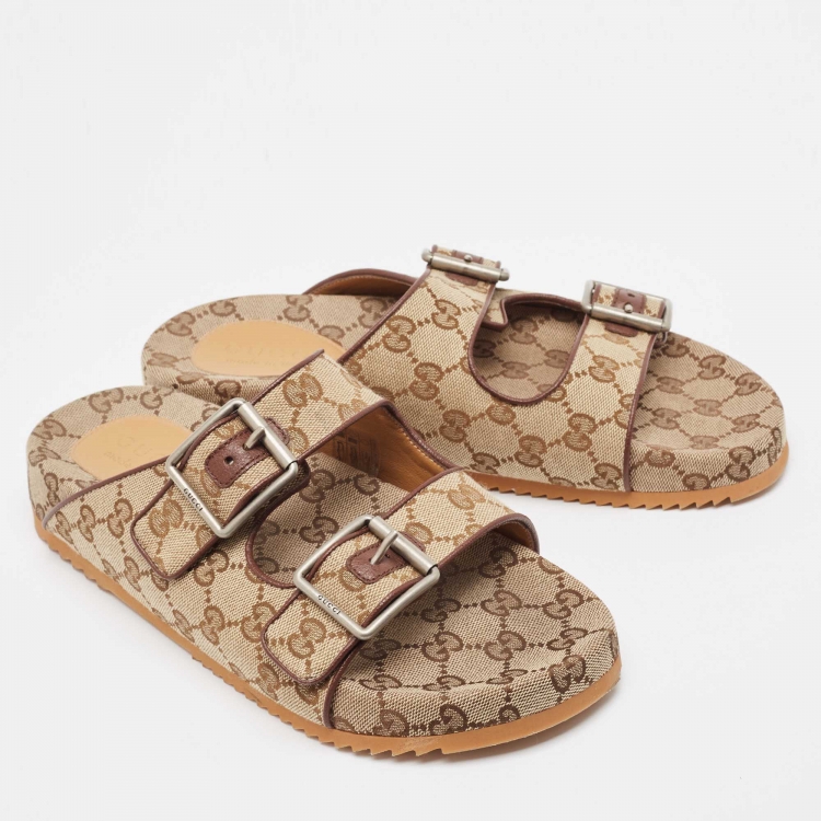 Pre Owned Gucci Beige GG Canvas Double Strap Slide Sandals Size 41