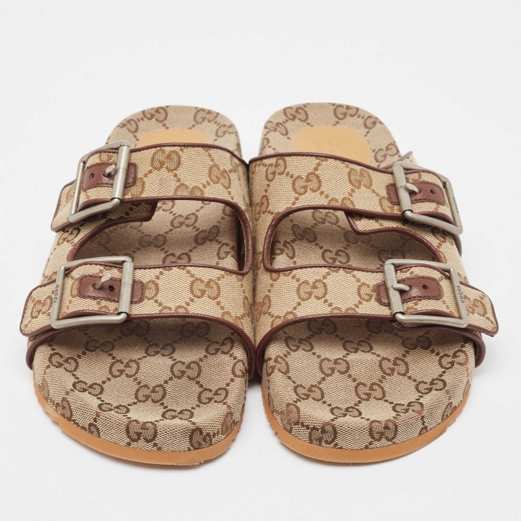 Pre Owned Gucci Beige GG Canvas Double Strap Slide Sandals Size 41