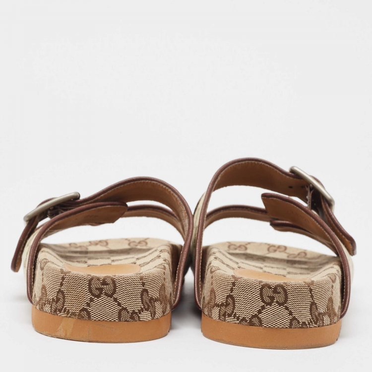 Pre Owned Gucci Beige GG Canvas Double Strap Slide Sandals Size 41