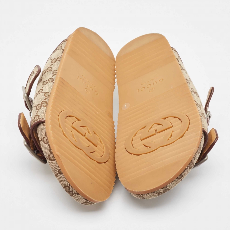 Pre Owned Gucci Beige GG Canvas Double Strap Slide Sandals Size 41