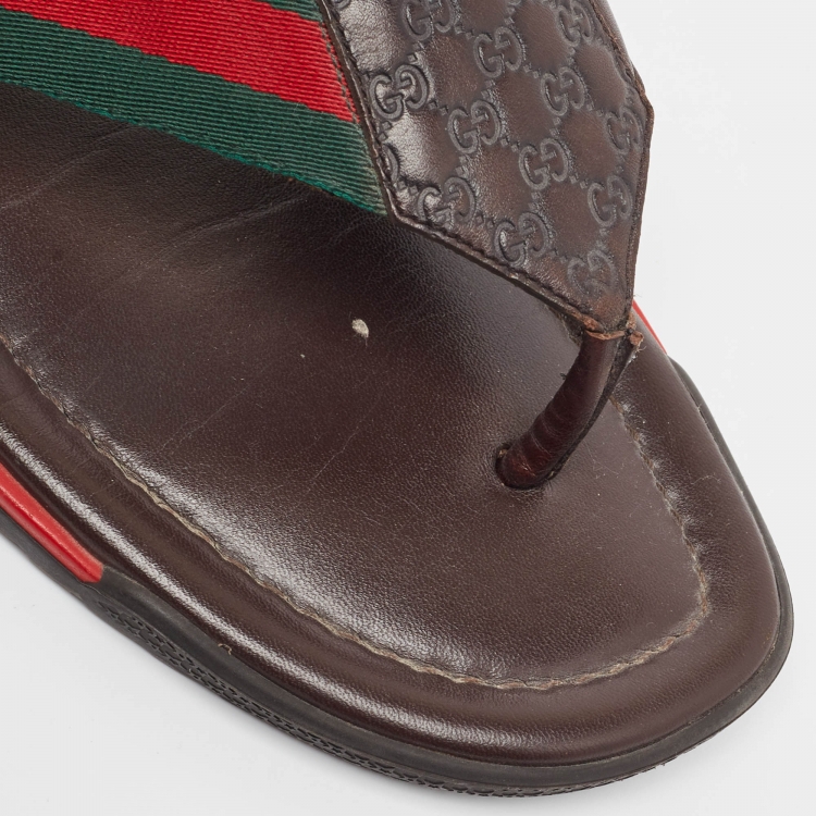 Pre Owned Gucci Brown Micro Guccissima Leather Web Thong Flip Flop Sandals Size 41