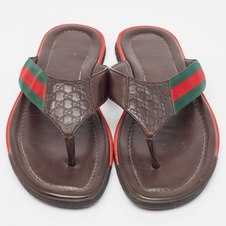 Pre Owned Gucci Brown Micro Guccissima Leather Web Thong Flip Flop Sandals Size 41
