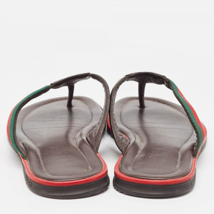 Pre Owned Gucci Brown Micro Guccissima Leather Web Thong Flip Flop Sandals Size 41