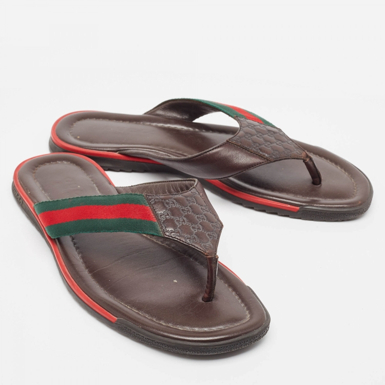 Pre Owned Gucci Brown Micro Guccissima Leather Web Thong Flip Flop Sandals Size 41