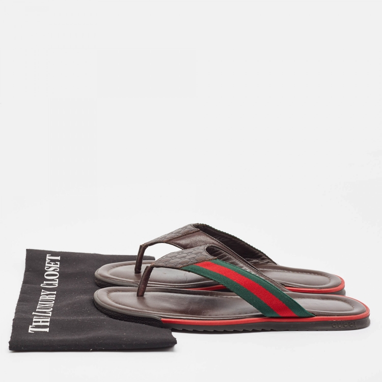 Pre Owned Gucci Brown Micro Guccissima Leather Web Thong Flip Flop Sandals Size 41