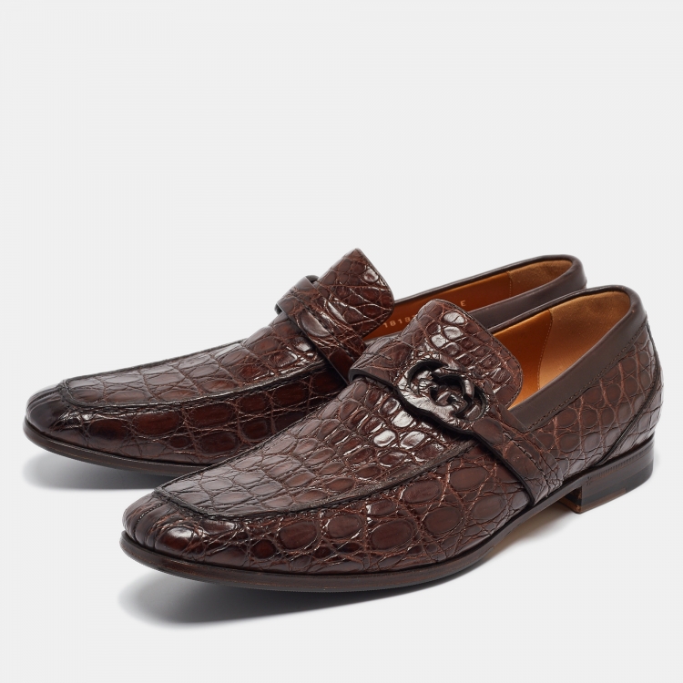 Pre Owned Gucci Brown Crocodile Slip On Loafers Size 42