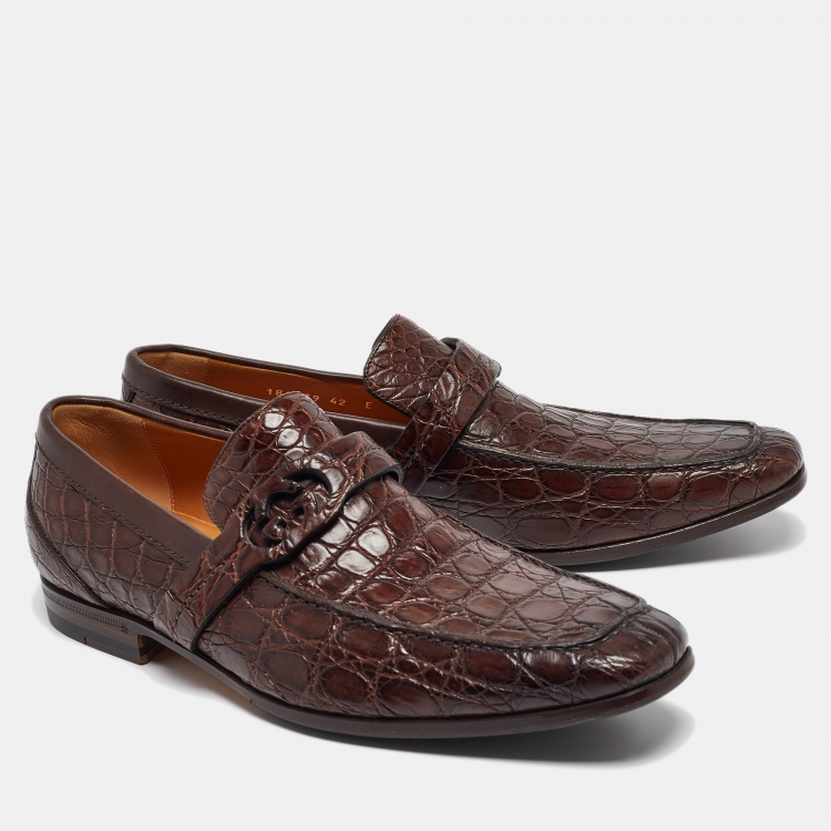 Pre Owned Gucci Brown Crocodile Slip On Loafers Size 42