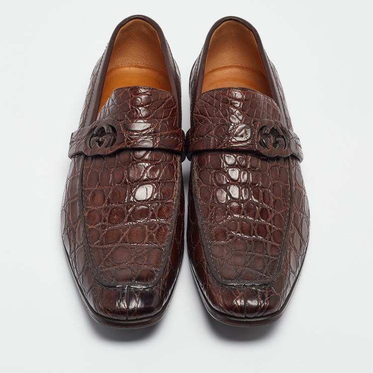 Pre Owned Gucci Brown Crocodile Slip On Loafers Size 42