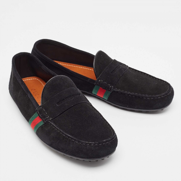 Pre Owned Gucci Black Suede Web Low Top Loafers Size 41.5