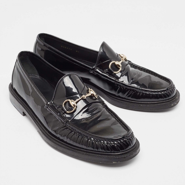 Pre Owned Gucci Black Patent Leather Horsebit Loafers Size 42.5