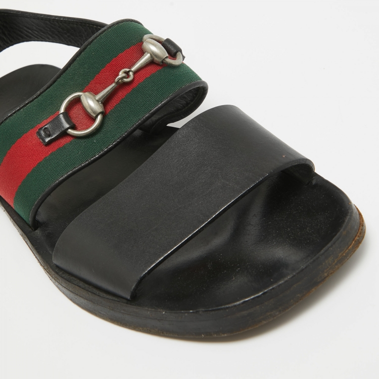 Pre Owned Gucci Black Leather and Canvas Web Horsebit Slingback Sandals Size 41