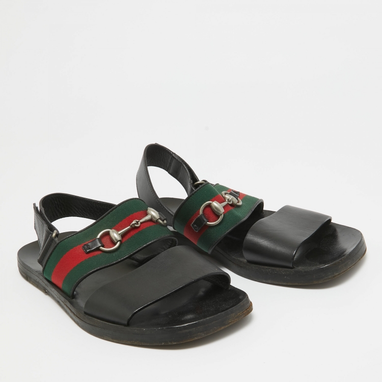 Pre Owned Gucci Black Leather and Canvas Web Horsebit Slingback Sandals Size 41