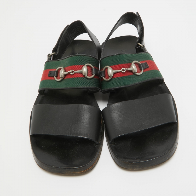 Pre Owned Gucci Black Leather and Canvas Web Horsebit Slingback Sandals Size 41