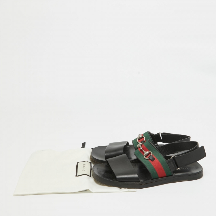 Pre Owned Gucci Black Leather and Canvas Web Horsebit Slingback Sandals Size 41