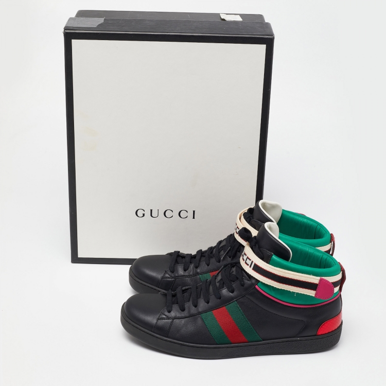 Pre Owned Gucci Black/Green Leather Stripe Ace High Top Sneakers Size 43