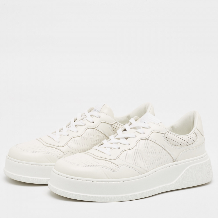 Pre Owned Gucci White Leather GG Low Top Sneakers  Size 43