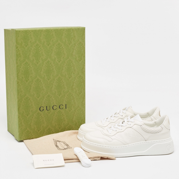 Pre Owned Gucci White Leather GG Low Top Sneakers  Size 43
