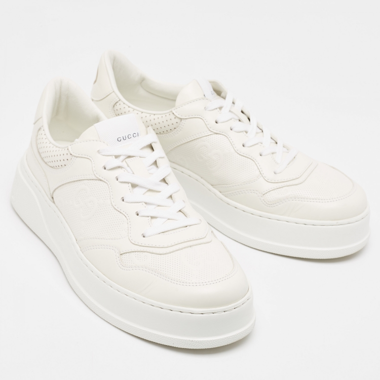 Pre Owned Gucci White Leather GG Low Top Sneakers  Size 43