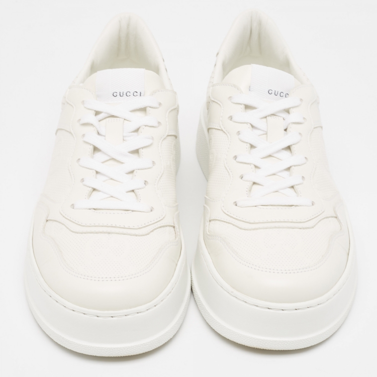 Pre Owned Gucci White Leather GG Low Top Sneakers  Size 43