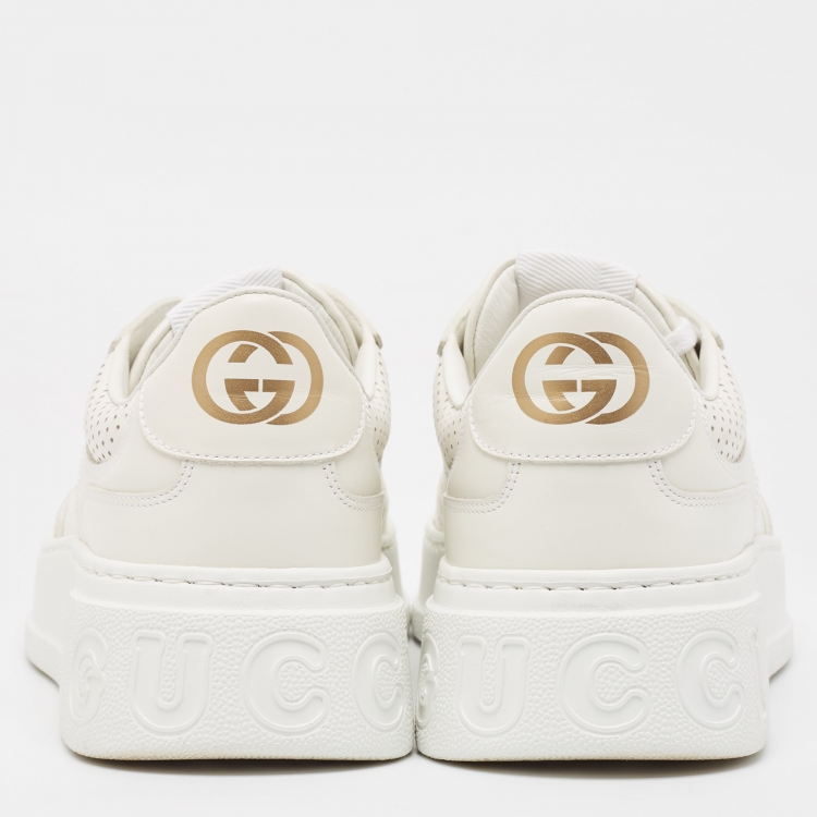 Pre Owned Gucci White Leather GG Low Top Sneakers  Size 43