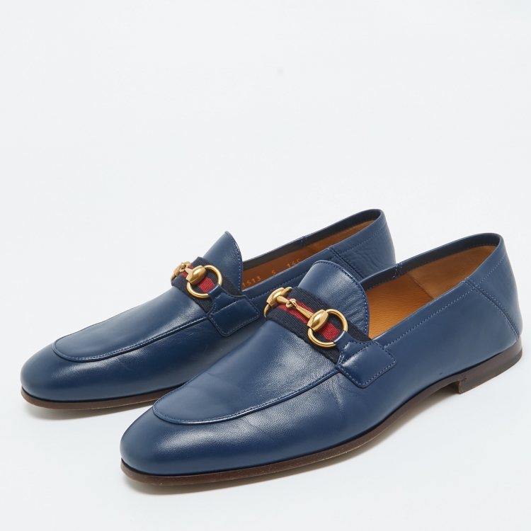 Pre Owned Gucci Navy Blue Leather Web Horsebit Loafers Size 39