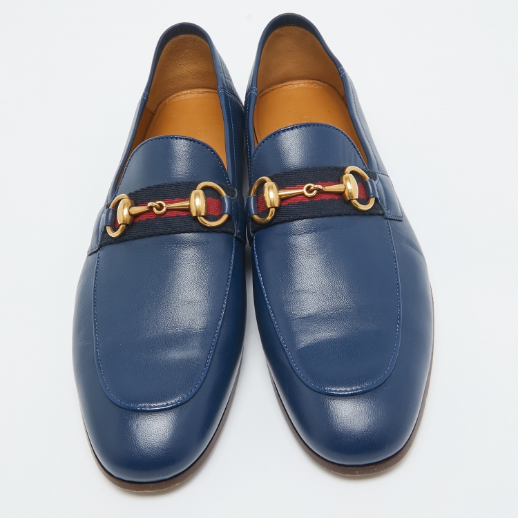 Pre Owned Gucci Navy Blue Leather Web Horsebit Loafers Size 39