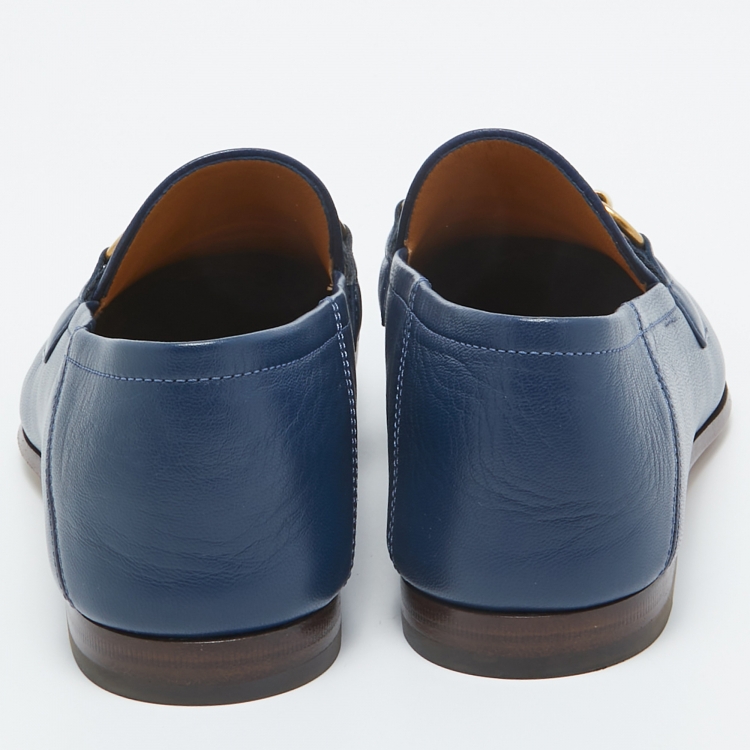 Pre Owned Gucci Navy Blue Leather Web Horsebit Loafers Size 39