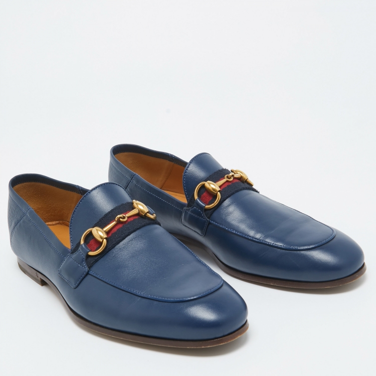 Pre Owned Gucci Navy Blue Leather Web Horsebit Loafers Size 39