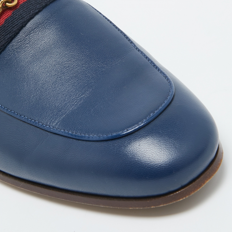 Pre Owned Gucci Navy Blue Leather Web Horsebit Loafers Size 39