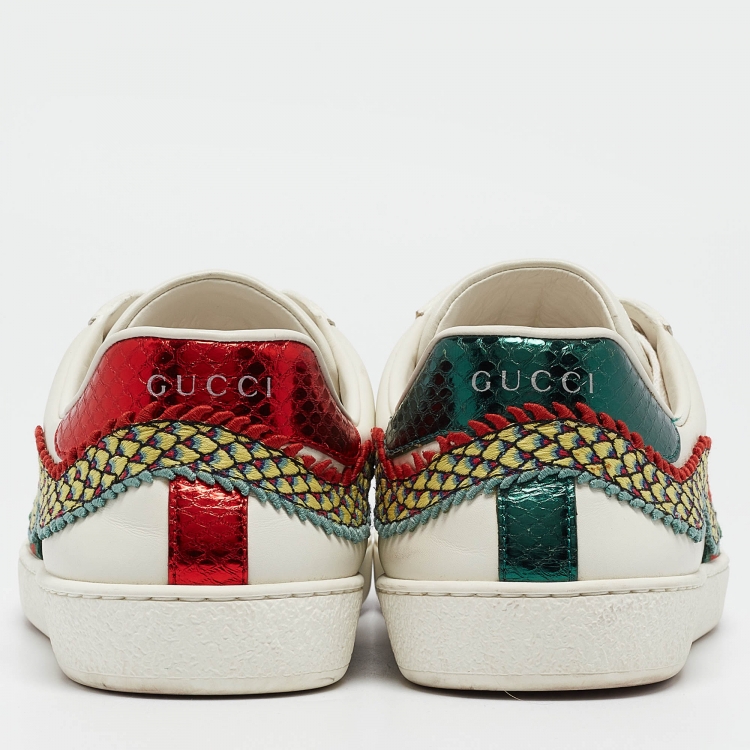 Pre Owned Gucci White Leather Ace Dragon Embroidered Low Top Sneakers Size 41.5