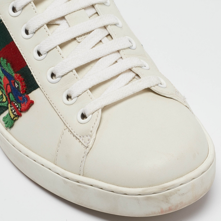 Pre Owned Gucci White Leather Ace Dragon Embroidered Low Top Sneakers Size 41.5