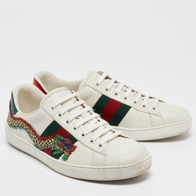 Pre Owned Gucci White Leather Ace Dragon Embroidered Low Top Sneakers Size 41.5