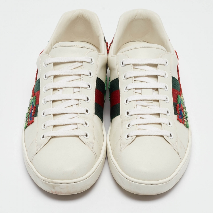 Pre Owned Gucci White Leather Ace Dragon Embroidered Low Top Sneakers Size 41.5