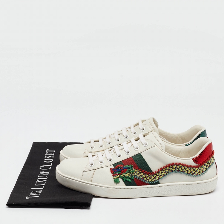 Pre Owned Gucci White Leather Ace Dragon Embroidered Low Top Sneakers Size 41.5